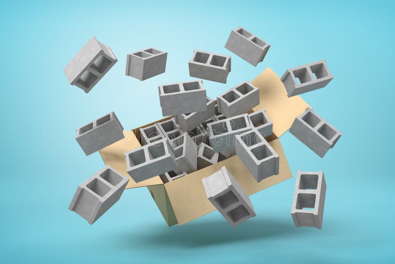rendu 3d de bo?te en carton en air plein des briques creuses grises qui volent et flottent dehors sur le bleu illustration de vecteur rendu 3d de bo?te en carton en air plein des briques creuses grises qui volent et flottent dehors sur le bleu illustration de vecteur