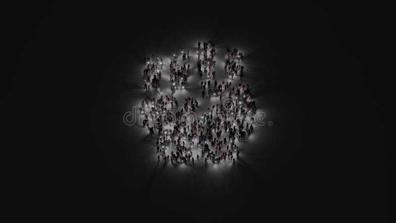 Rendu 3d de la foule avec la lampe de poche dans la forme du symbole du poing posée sur le fond sombre. Le rendu 3d de la foule des gens différents avec la lampe de poche dans la forme du symbole du poing a soulevé le geste sur le fond noir avec des ombres