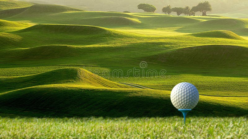 Rendu 3d de vue gentille de boule de golf sur le support avec le golf f. Le rendu 3d de la vue gentille de la boule de golf sur le support avec le champ de golf