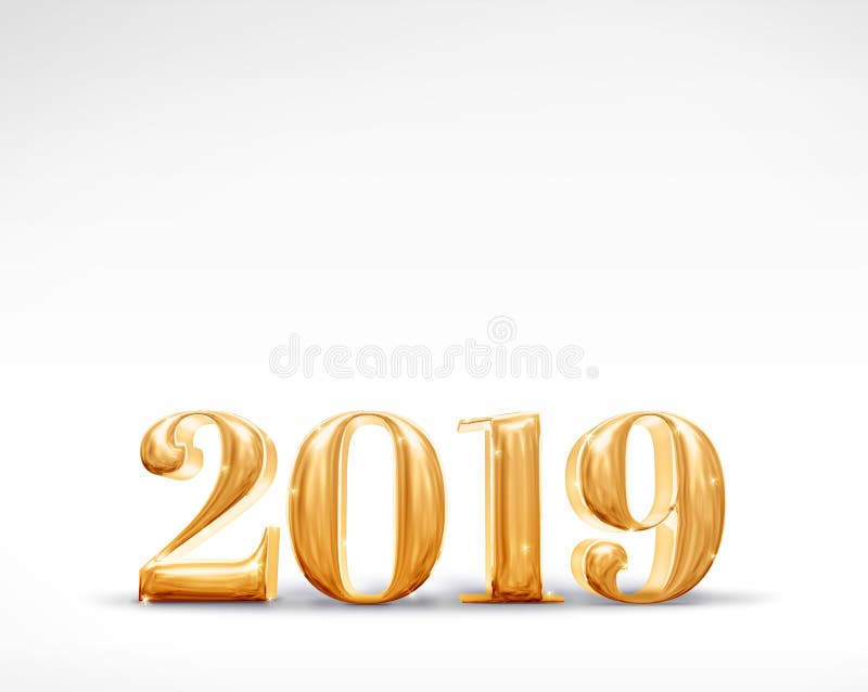 2019 bonne année nombre doré rendu 3D sur fond blanc de studio illustration libre de droits