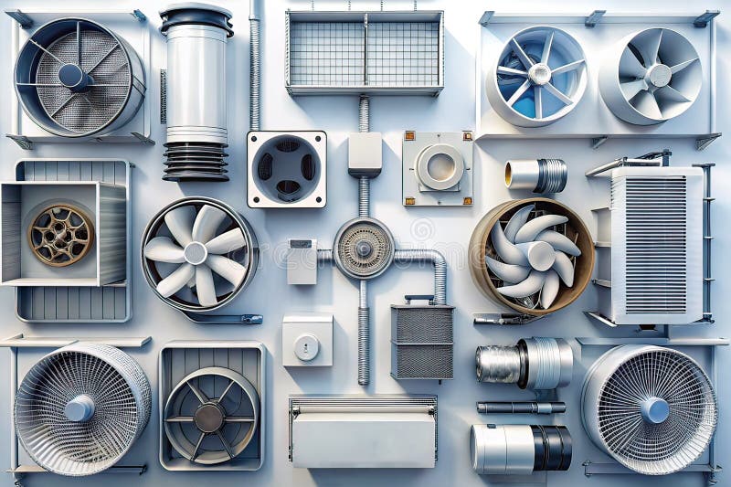 Rendu 3D détaillé des composants du système de ventilation industrielle isolés en blanc pour la conception et l'ingénierie. Ce rendu photoréaliste 3D méticuleusement détaillé présente les composants complexes d'un système de ventilation industriel moderne. Isolé sur un fond blanc pur, l'image offre une vue rapprochée de différentes parties, y compris des ventilateurs de conduits d'air filtres et grilles. L'imagersquo a une focale et une clarté pointues et met en évidence l'ingénierie de précision et la conception de chaque pièce du métal