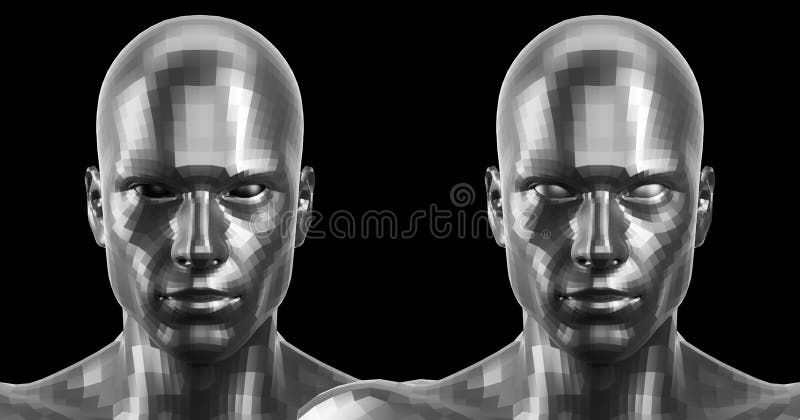 Low poly abstract portrait of a two silver humanoids with black and silver eyes . Cybernetic Futuristic Concept for your Design. Low poly abstract portrait of a two silver humanoids with black and silver eyes . Cybernetic Futuristic Concept for your Design.