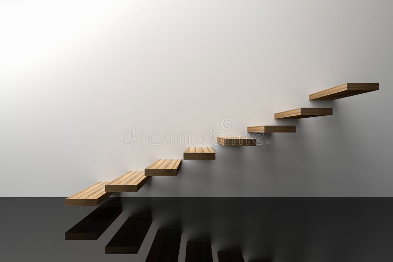 rendu 3D : l'illustration de l'escalier en bois ou intensifie sur le fond blanc de mur avec le plancher noir brillant, succès, mo illustration libre de droits rendu 3D : l'illustration de l'escalier en bois ou intensifie sur le fond blanc de mur avec le plancher noir brillant, succès, mo illustration libre de droits