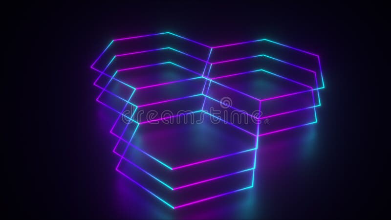 Rendu 3d d'un arrière-plan géométrique lumineux. néon hexagonal généré par ordinateur illustration libre de droits