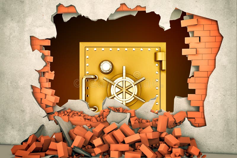 rendu 3d d'un grand coffre-fort d'or vu un trou énorme dans un mur de briques plâtré images stock rendu 3d d'un grand coffre-fort d'or vu un trou énorme dans un mur de briques plâtré images stock