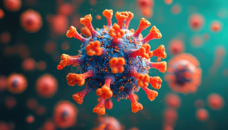 Rendu 3d d'un virus pointillé surlignant une structure détaillée contre un teint vibrant et une toile de fond orange capturée au focus pointu.