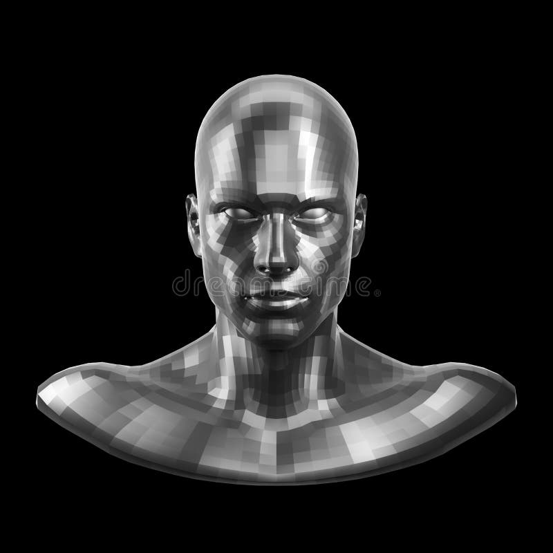 3D rendering. Faceted silver robot face with eyes looking front on camera. Isolated on black background. 3D rendering. Faceted silver robot face with eyes looking front on camera. Isolated on black background