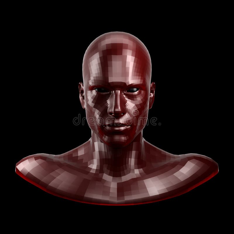 3D rendering. Faceted red robot face with black eyes looking front on camera.. Isolated on black background. 3D rendering. Faceted red robot face with black eyes looking front on camera.. Isolated on black background