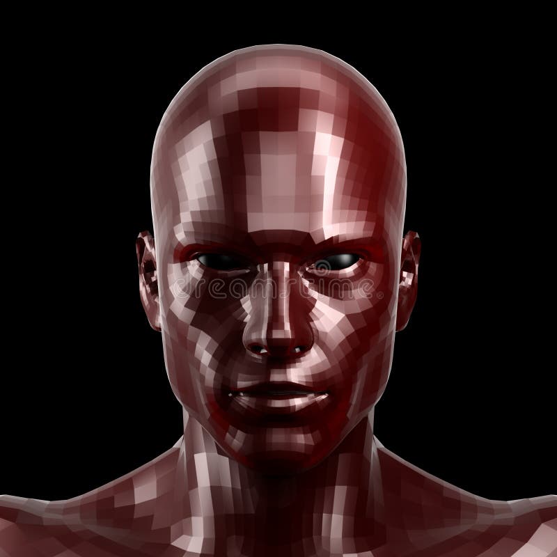 3D rendering. Faceted red robot face with black eyes looking front on camera.. Isolated on black background. 3D rendering. Faceted red robot face with black eyes looking front on camera.. Isolated on black background