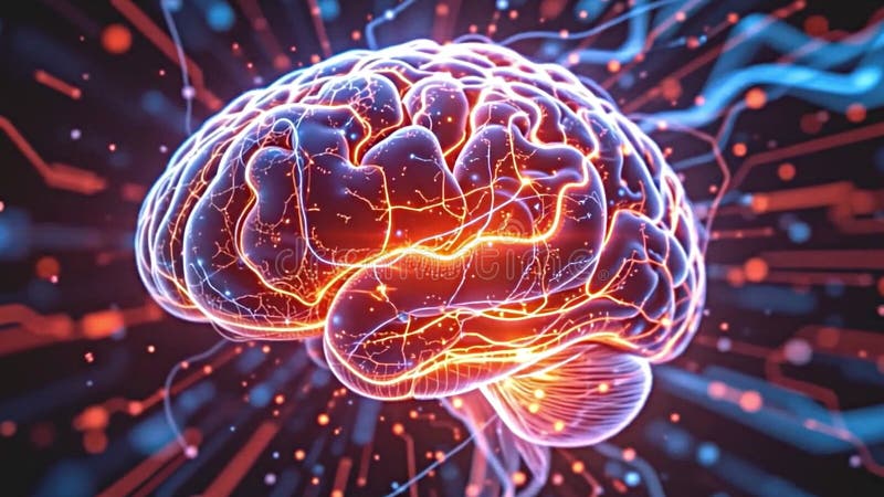 Rendu futuriste 3d d'un cerveau humain tournant dynamiquement construit à partir de particules lumineuses complexe IA générative illustration de vecteur