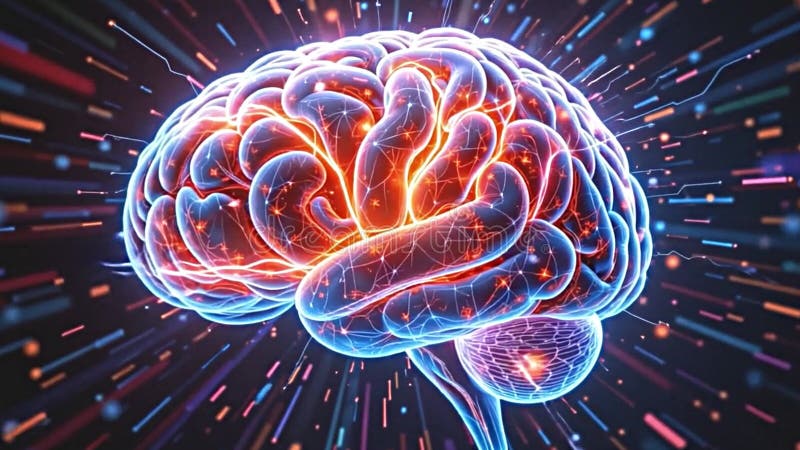 Rendu futuriste 3d d'un cerveau humain tournant dynamiquement construit à partir de particules lumineuses complexe IA générative illustration stock