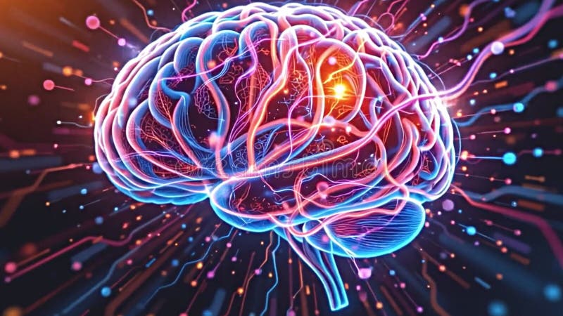 Rendu très détaillé d'un cerveau humain tournant dynamiquement façonné par un complexe de particules lumineuses colorées IA généra illustration de vecteur