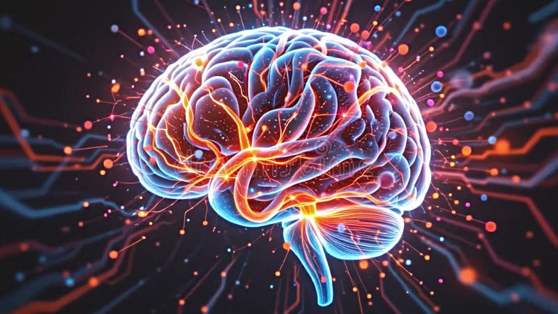 Rendu très détaillé d'un cerveau humain tournant dynamiquement façonné par un complexe de particules lumineuses colorées IA généra illustration de vecteur