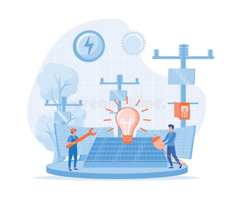 Renewable energy. Alternative energy resource with solar panels, Solar panel power and Engineer character vector illustration