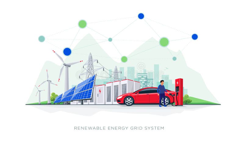 Renewable Energy Battery Storage Grid System with Electric Car Charging vector illustration