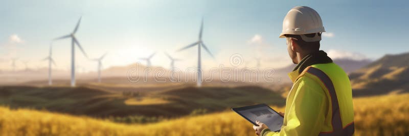 Renewable Energy Concepts. Wind Power Energy Engineer Working in Mountain Valley. Carbon Neutral and Emission ,ESG for Clean stock illustration