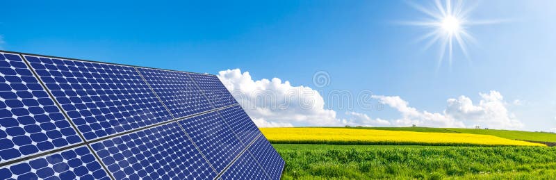 Renewable energy solar panels. Blue, sunlight.