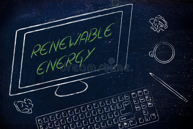 Renewable energy text on computer screen, on a desk with keyboard and coffee vector illustration