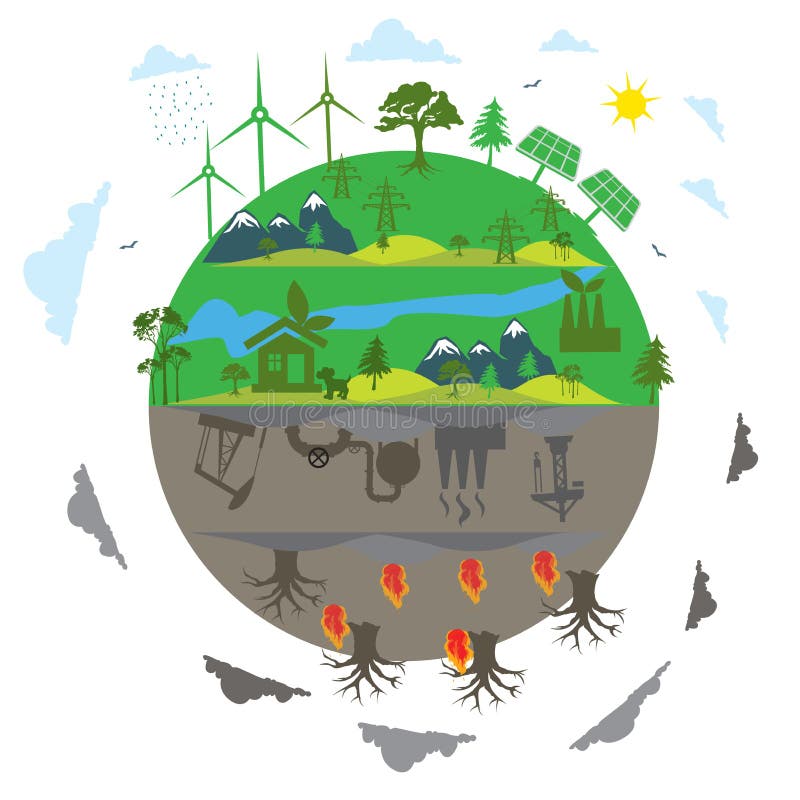 Renewable Energy Versus Traditional Energy Concept In Flat Design Stock