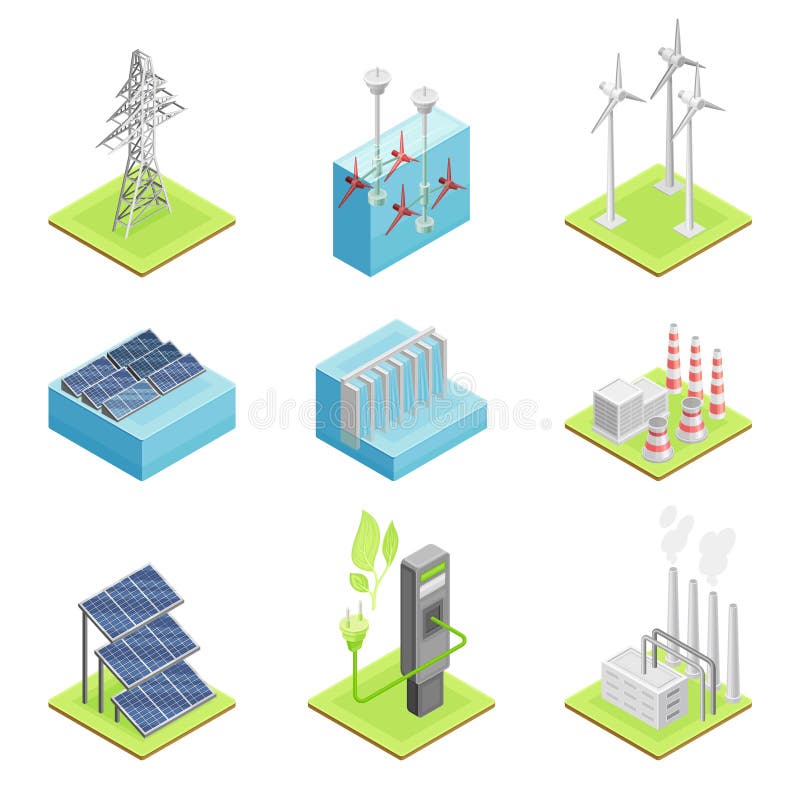 Renewable Green Energy Source with Wind Generator and Solar Panel Isometric Vector Set vector illustration