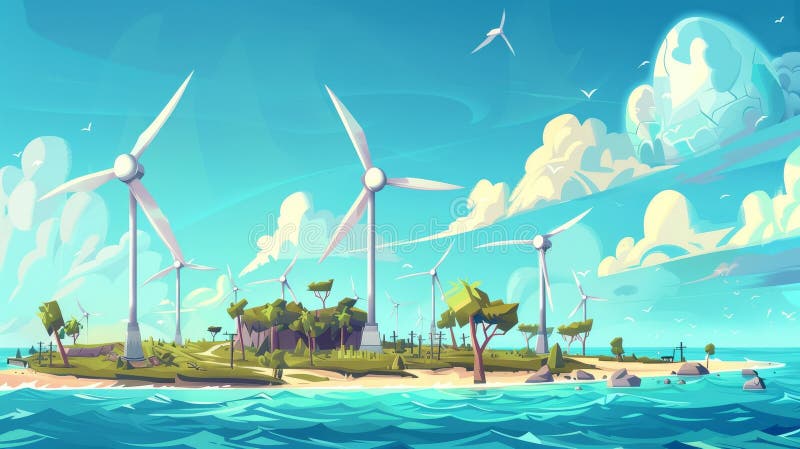 Renewable green sustainable power, save planet environment concept with offshore wind farm, renewable green sustainable power with turbines in sea or ocean, Cartoon modern illustration.. AI generated. Renewable green sustainable power, save planet environment concept with offshore wind farm, renewable green sustainable power with turbines in sea or ocean, Cartoon modern illustration.. AI generated