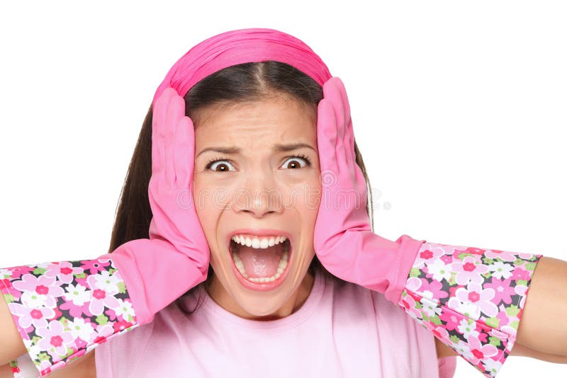 Spring cleaning woman screaming. Funny cleaning lady stressed wearing pink rubber gloves. Cute multiracial female model isolated on white background. Spring cleaning woman screaming. Funny cleaning lady stressed wearing pink rubber gloves. Cute multiracial female model isolated on white background.