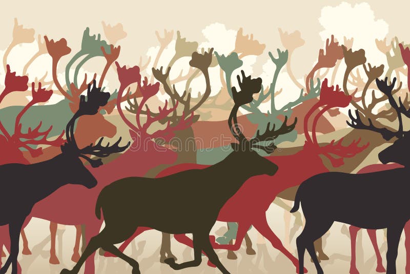 EPS8 editable vector illustration of a reindeer or caribou herd migrating. EPS8 editable vector illustration of a reindeer or caribou herd migrating