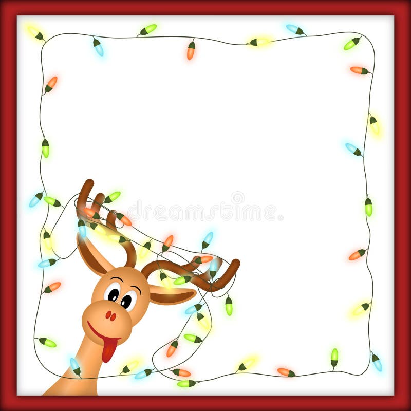 Renna divertente con gli indicatori luminosi di natale nel telaio rosso illustrazione vettoriale Renna divertente con gli indicatori luminosi di natale nel telaio rosso illustrazione vettoriale