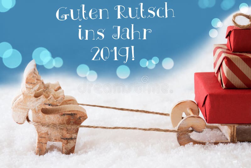 Renna, fondo blu-chiaro, nuovo anno di mezzi di Guten Rutsch 2019 immagine stock libera da diritti Renna, fondo blu-chiaro, nuovo anno di mezzi di Guten Rutsch 2019 immagine stock libera da diritti