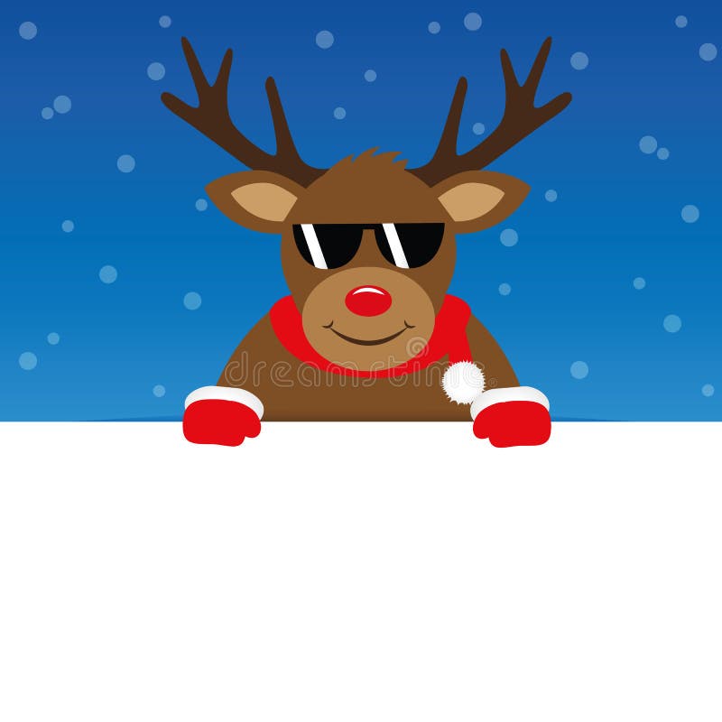 Renne mignon heureux avec des lunettes de soleil sur le fond neigeux bleu illustration libre de droits Renne mignon heureux avec des lunettes de soleil sur le fond neigeux bleu illustration libre de droits