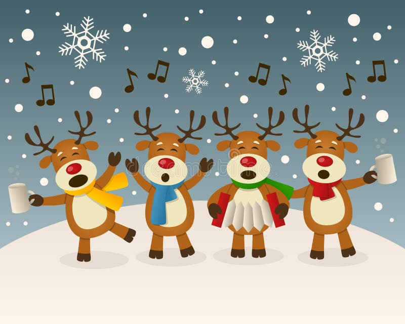 A funny cartoon Christmas scene with four funny drunk reindeer characters singing carols, in a snowy scene. Eps file available. A funny cartoon Christmas scene with four funny drunk reindeer characters singing carols, in a snowy scene. Eps file available.