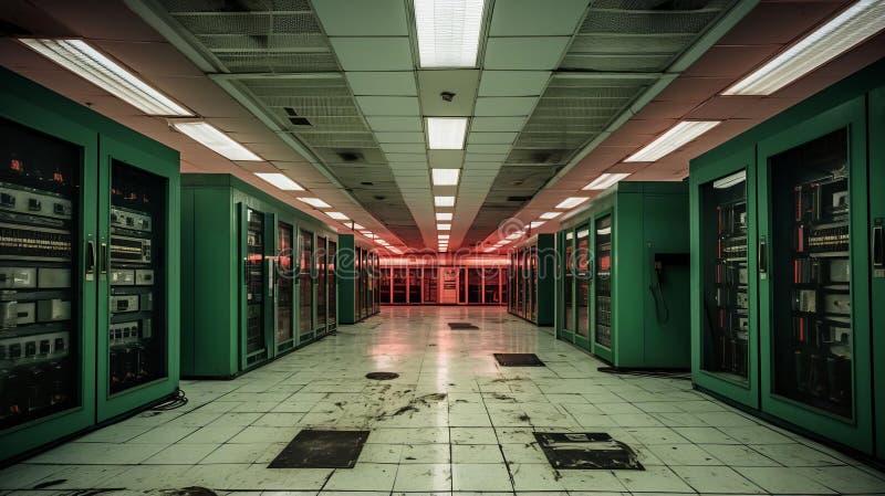 Renovation Needed For A Dimly Lit Server Farm Facility stock illustration
