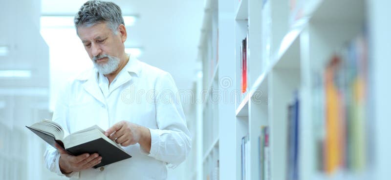 Renowned scientist/doctor in a library
