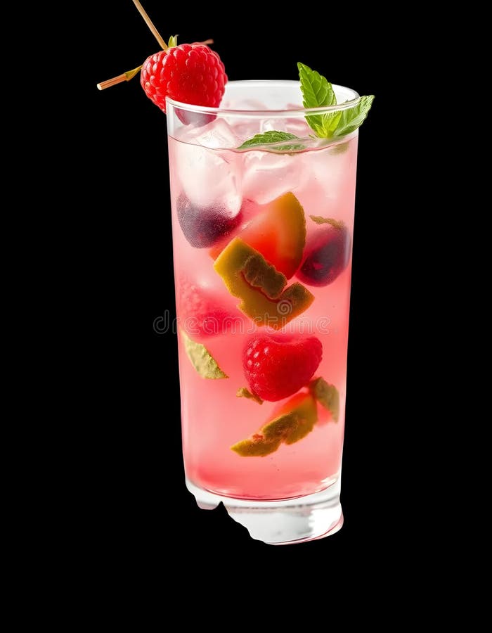 Rensa sommarcocktail med kiwi-hallon och körsbär. En pulserande, rosa fruktcocktail som är täckt med kiwi raspberry-körsbär och mynta över is i ett högt glas