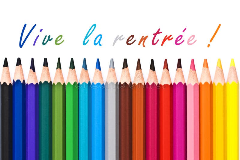 Rentree do la de Vive (significado de volta à escola) escrito no fundo branco com os lápis de madeira coloridos imagens de stock royalty free Rentree do la de Vive (significado de volta à escola) escrito no fundo branco com os lápis de madeira coloridos imagens de stock royalty free