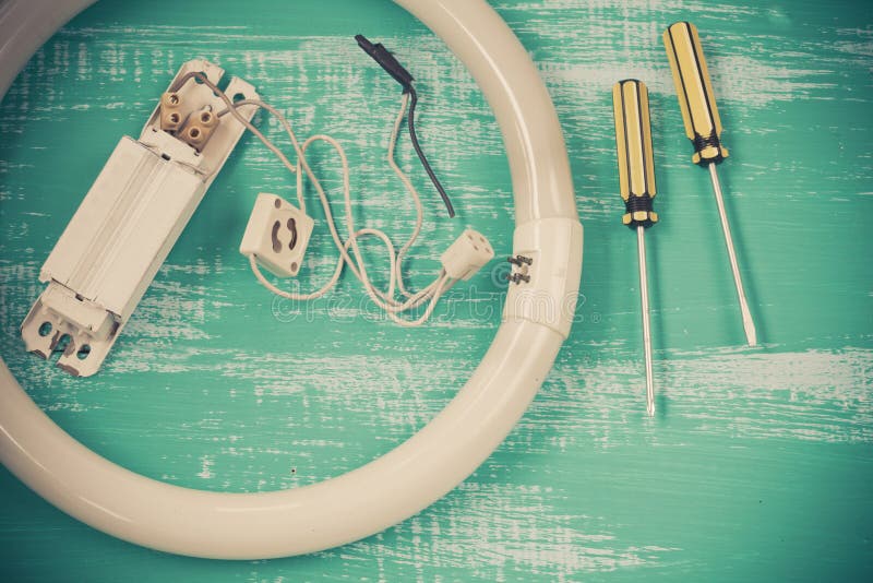 Repair Fluorescent Light and Tool Stock Image Image of white, bulb
