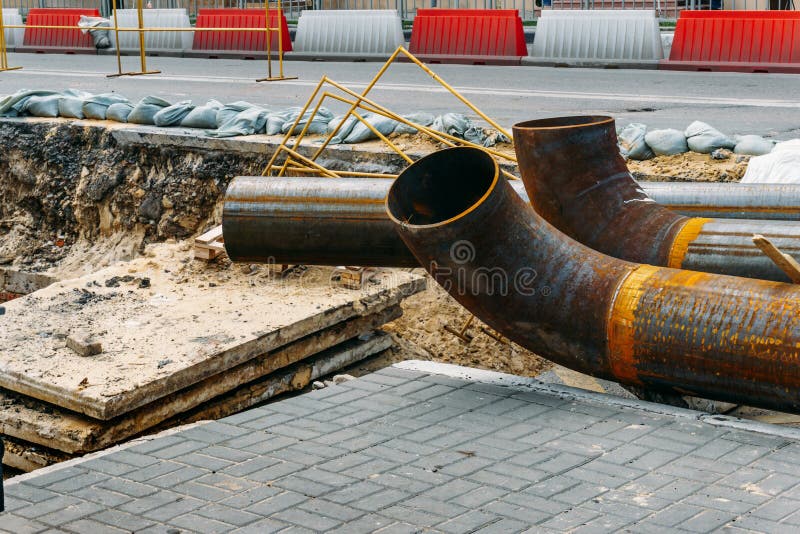 Repair of the Underground Broken Pipe with Replace New Stock Photo