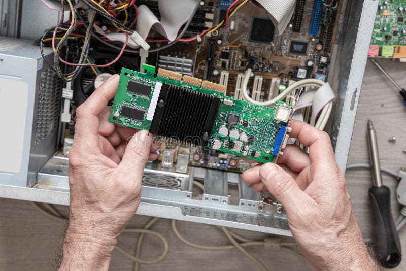 Repairing and assembling a desktop computer stock photo