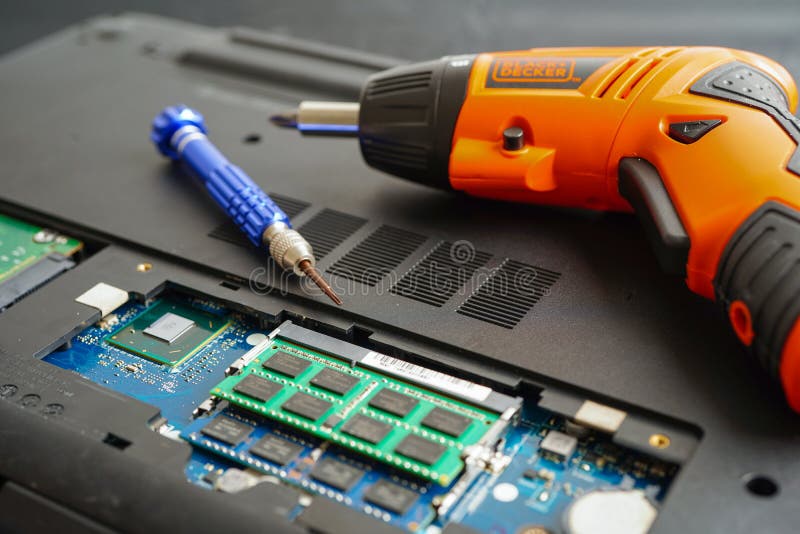 Repairing and upgrade circuit mainboard of notebook, electronic, computer hardware and technology concept stock photography