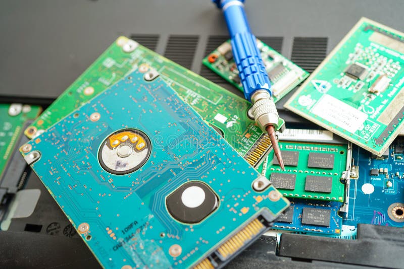 Repairing and upgrade circuit mainboard of notebook, electronic, computer hardware and technology concept stock photo