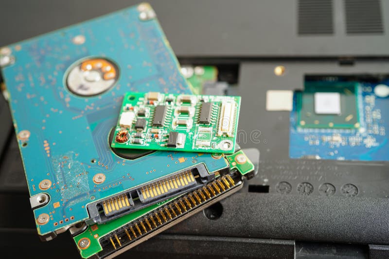 Repairing and upgrade circuit mainboard of notebook, electronic, computer hardware and technology concept stock photo