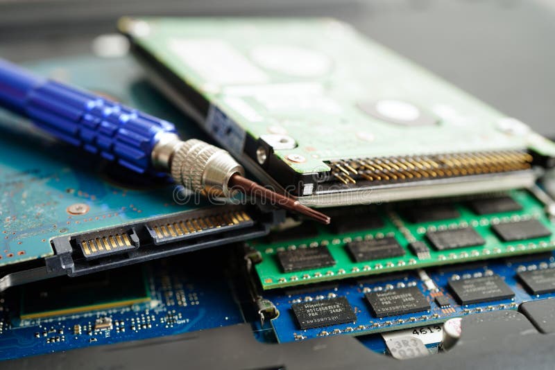Repairing and upgrade circuit mainboard of notebook, electronic, computer hardware and technology concept stock photo