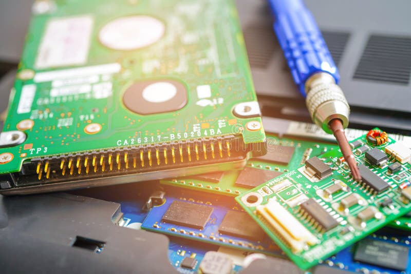 Repairing and upgrade circuit mainboard of notebook, electronic, computer hardware and technology concept stock photo