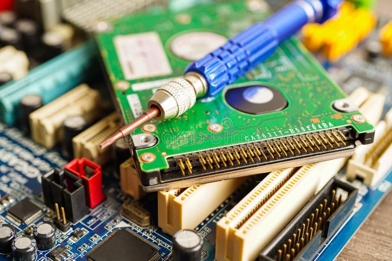 Repairing and upgrade circuit mainboard of notebook, electronic, computer hardware and technology concept royalty free stock photo
