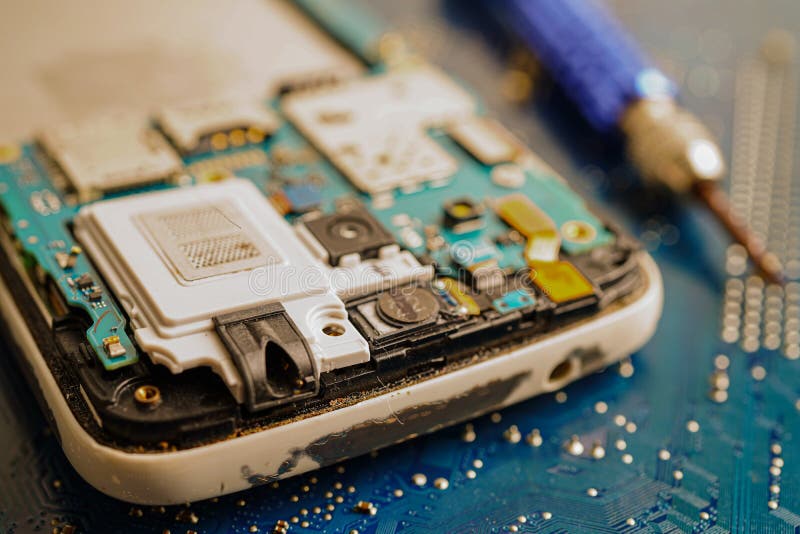Repairing and upgrade mobile phone, electronic, computer hardware and technology concept stock photo