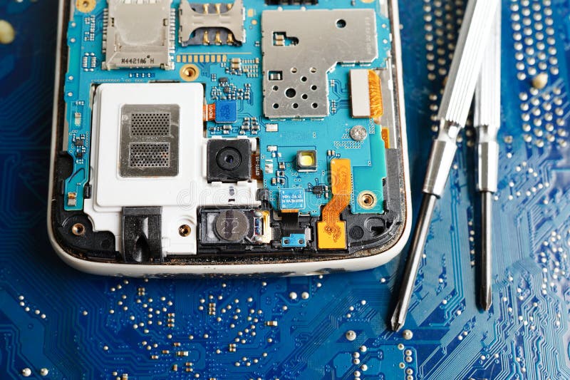 Repairing and upgrade mobile phone, electronic, computer hardware and technology concept stock photos