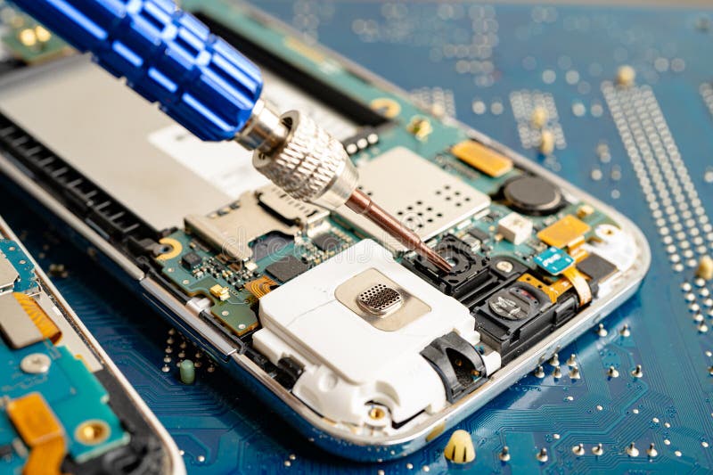 Repairing and upgrade mobile phone, electronic, computer hardware and technology concept stock photos
