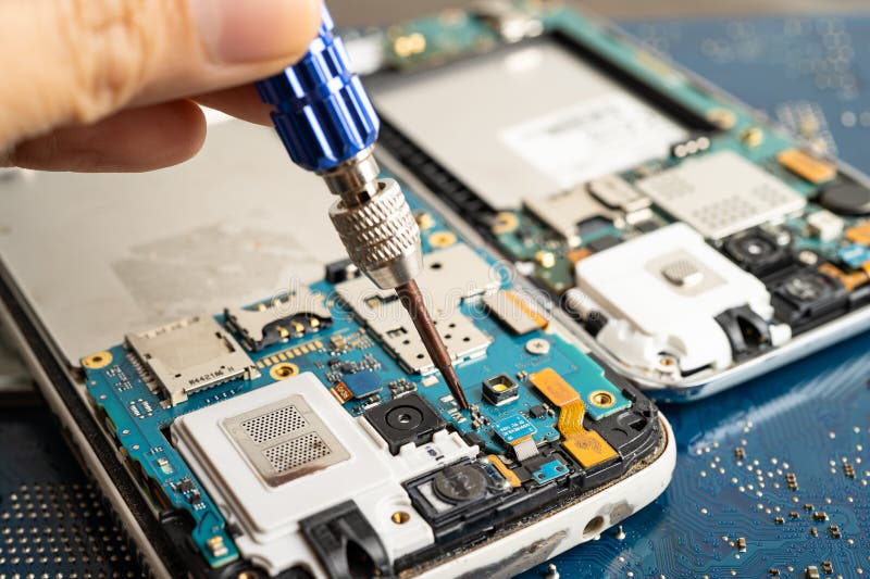Repairing and upgrade mobile phone, electronic, computer hardware and technology concept stock photography