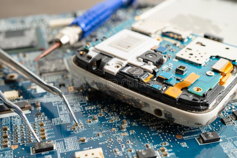 Repairing and upgrade mobile phone, electronic, computer hardware and technology concept stock photos