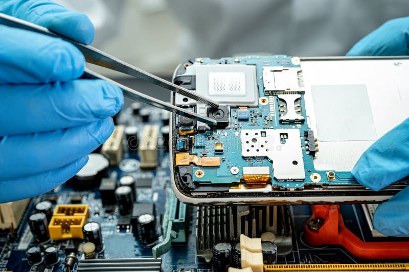 Repairing and upgrade mobile phone, electronic, computer hardware and technology concept stock image